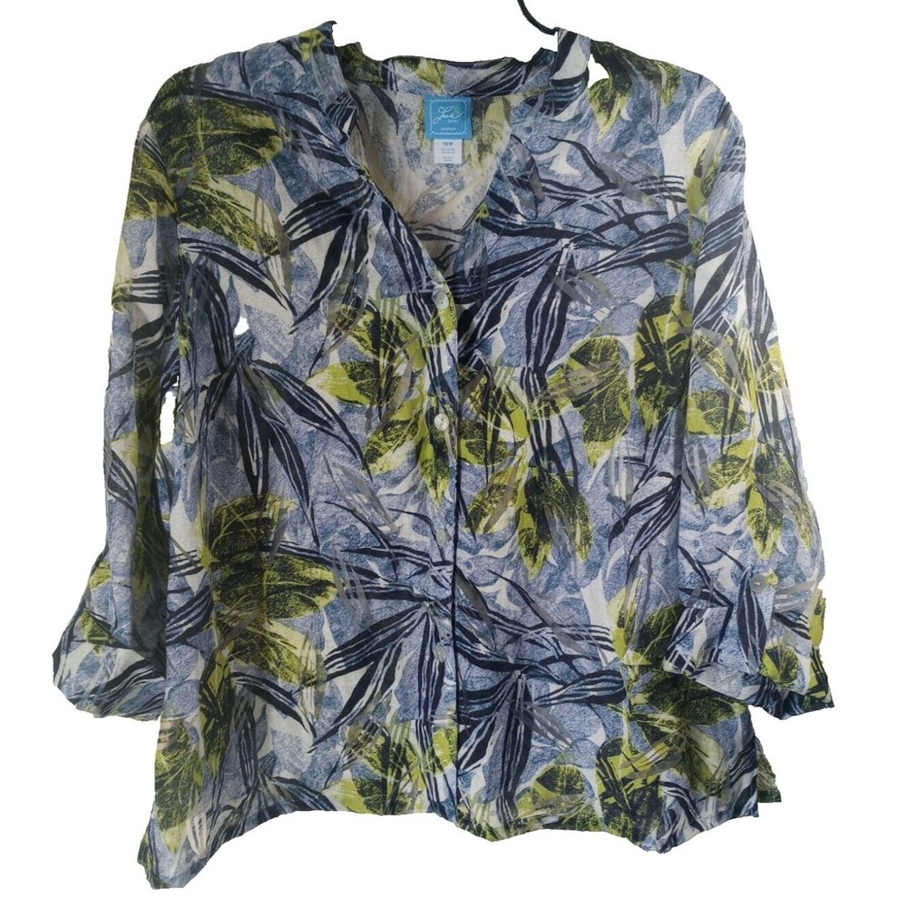 Lara Lane Women's 18W Blue Fairisle 3/4 Sleeve Button Up Band Collar Chiffon Top